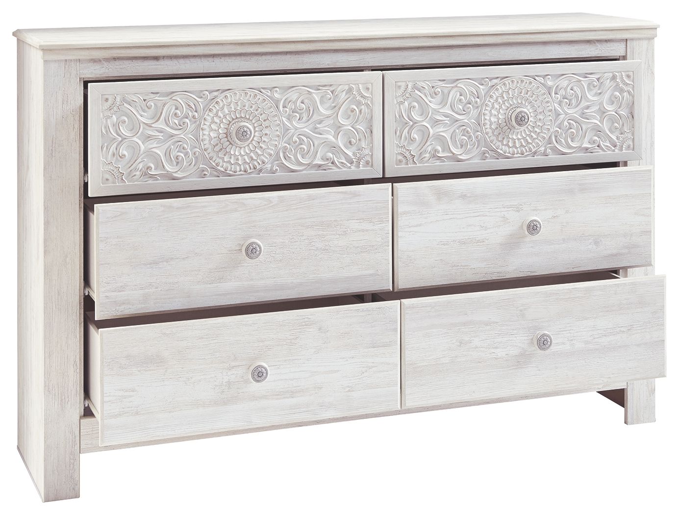 Paxberry - Six Drawer Dresser - Medallion Drawer Pulls - Whitewash